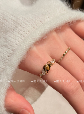 高级感美拉德复古虎眼石叠戴指环