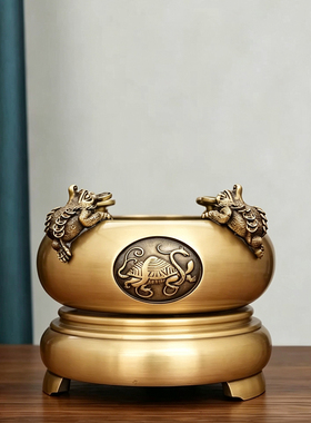 纯黄铜四方来财聚宝盆四神兽铜缸
