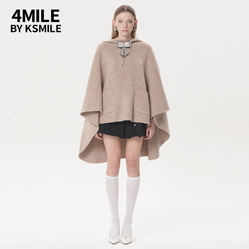 4MILE by KSMILE冬季新品阿尔巴卡羊驼毛闪钻蝴蝶结斗篷大衣女-图0