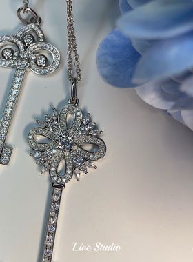 925纯银镀金钥匙满钻毛衣链