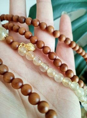 风韵黎6mm老山檀创意项链手串黄发晶沉香珍珠点缀