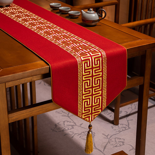 新年桌布氛围感中式茶旗茶桌垫布禅意桌旗布艺长条高端轻奢茶几布 - 图0