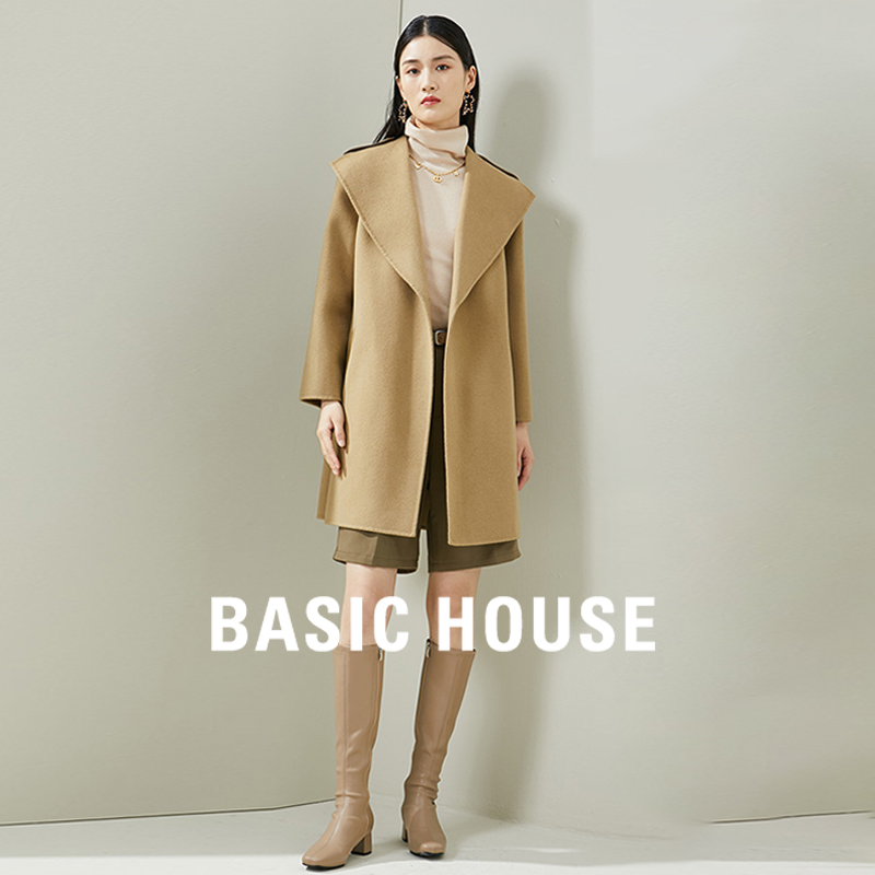 Basic House/百家好女双面羊绒羊毛呢外套中长款秋冬呢子大衣