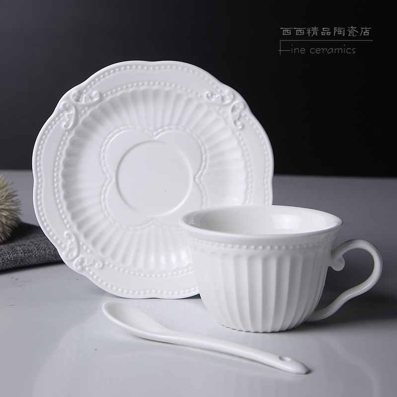 欧式浮雕咖啡杯碟套装 创意陶瓷早餐牛奶杯 宫廷杯碟子带勺子架子 - 图1