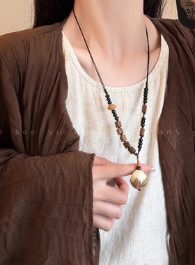 新中式菩提花朵项链女国风木质长款毛衣链日常百搭民族风抽绳配饰
