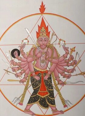 印度国际直邮手绘Vishnu毗湿奴的sudarshana苏达沙那神纸上水彩画