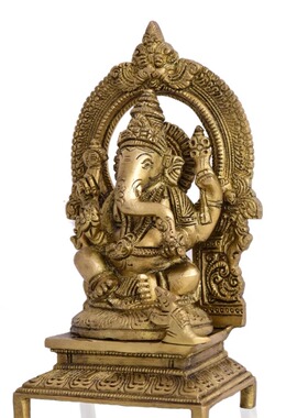 印度宝座上的手工黄铜Ganesha象头神Singhasan雕像（7.5 英寸）