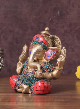 印度国际直邮手工Ganesha象头神黄铜偶像彩色米纳卡里 6 英寸