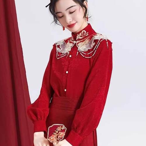 无衣饮羽【凤凰】秋冬绣花提花婚服订婚敬酒服马面红色2025新款 - 图2