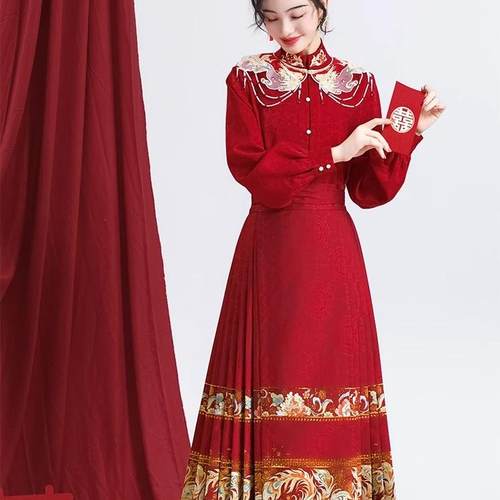 无衣饮羽【凤凰】秋冬绣花提花婚服订婚敬酒服马面红色2025新款 - 图3