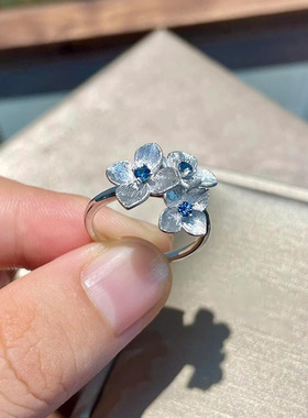 s925纯银拉丝蓝色锆石花朵戒指女