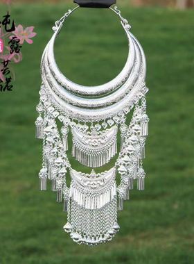 新款滇民族风特色白色苗银饰品原创夸张中国风长款流苏苗银项圈