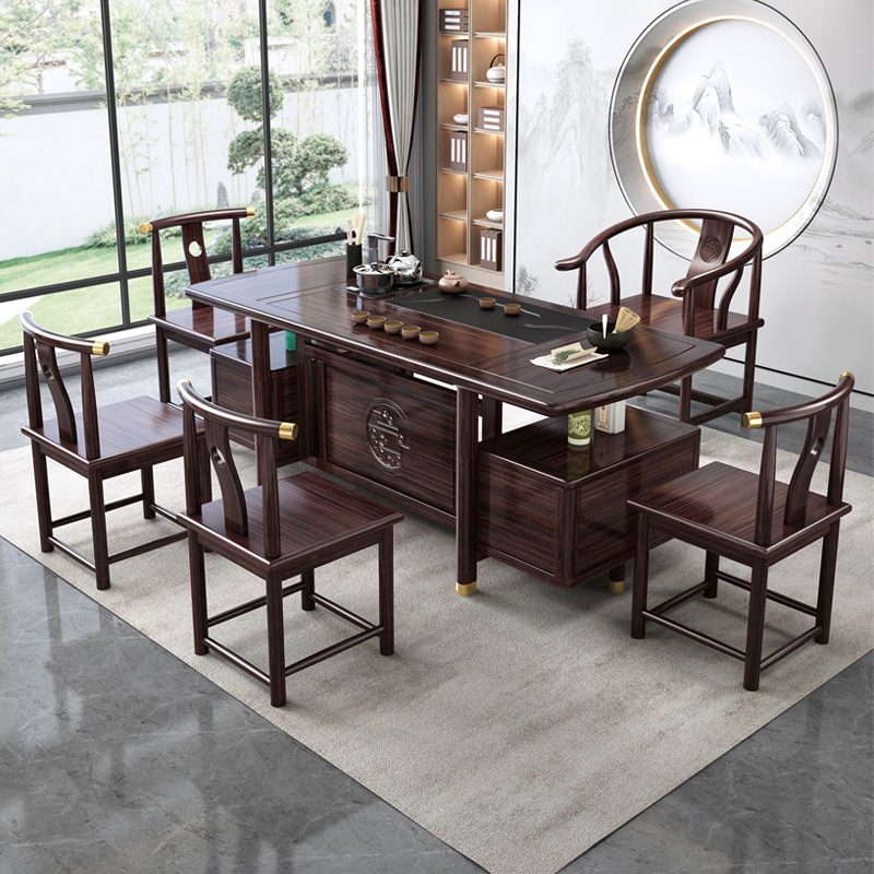 新中式乌金木茶台实木茶桌椅组合一桌五椅客厅家用喝茶桌禅意雕刻