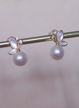 瑾瑜轩丨单件包邮蝴蝶飞飞耳钉南波碗925银淡水珍珠母贝