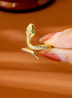 轻奢镶锆灵蛇戒指女古法沙金