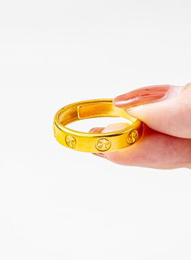 外贸轻奢米字钻纹沙金活口戒指女