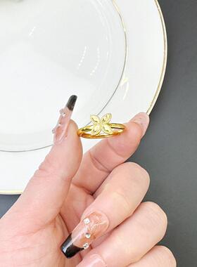 越南沙金四叶草碎冰纹小众女戒