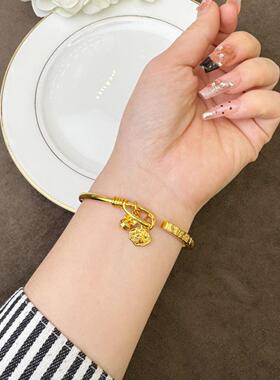 国潮古法沙金手镯复古平安锁