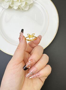 新品古法沙金蝴蝶活口戒指女复古