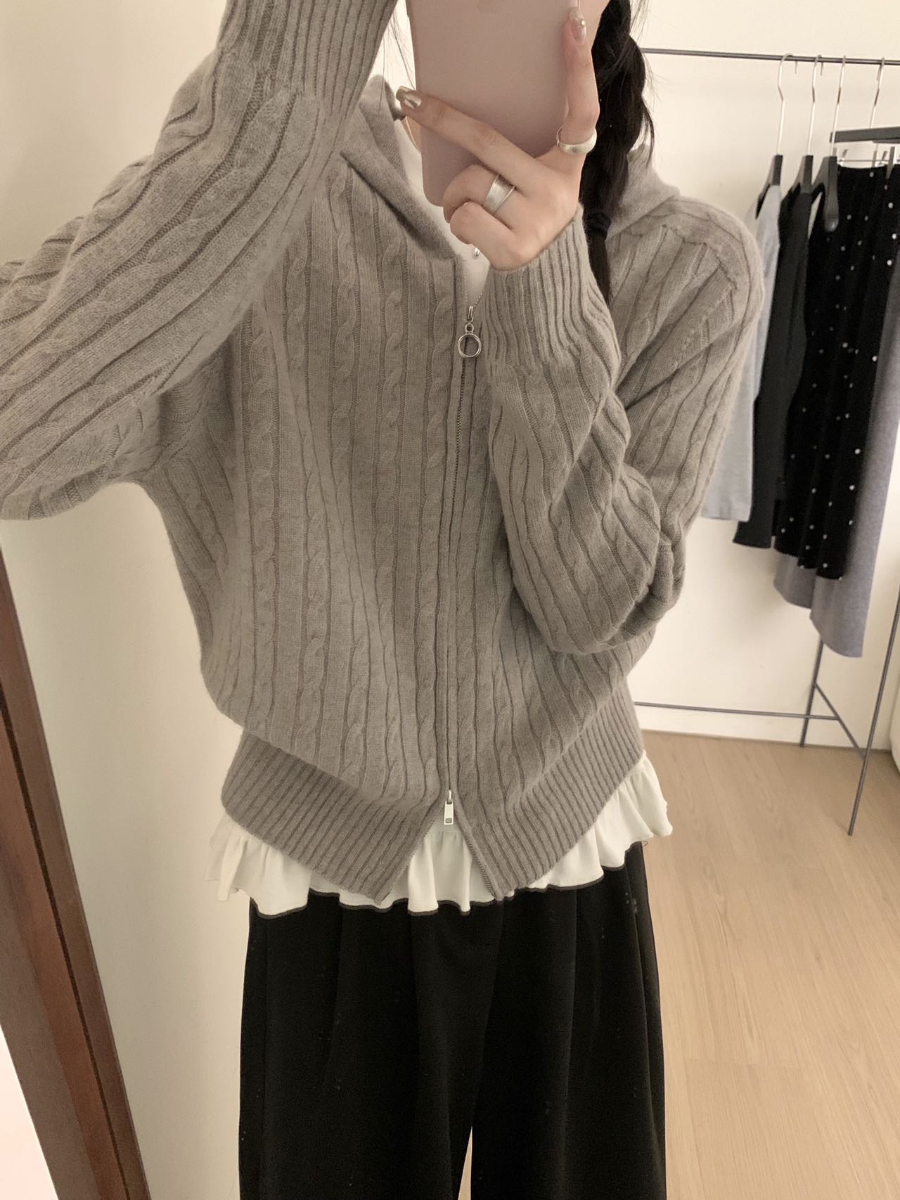 欧货设计感双拉链100全羊毛针织开衫秋冬复古气质麻花长袖毛衣女 - 图0