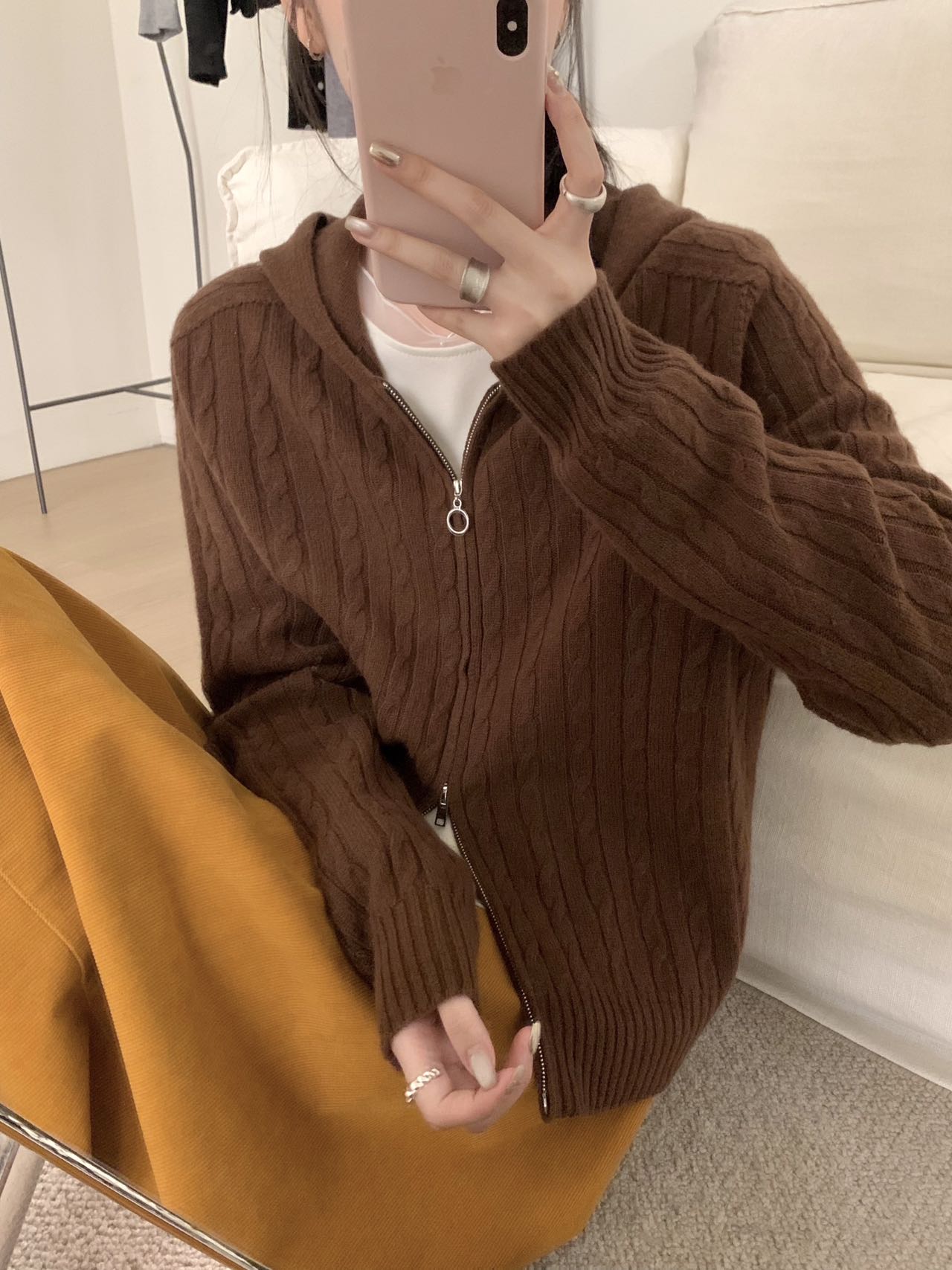 欧货设计感双拉链100全羊毛针织开衫秋冬复古气质麻花长袖毛衣女 - 图1