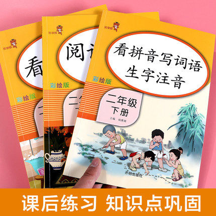 小学二年级下册 2021年新版 看拼音写词语+阅读理解+看图写话语文思维训练寒假作业人教版共3册语文拼音专项训练默写能手同步训练