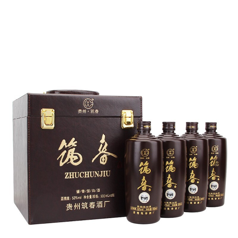 贵州筑春酒 53度熊猫铁盖 酱香型白酒500ml*4皮箱礼盒装 宴请送礼 - 图0