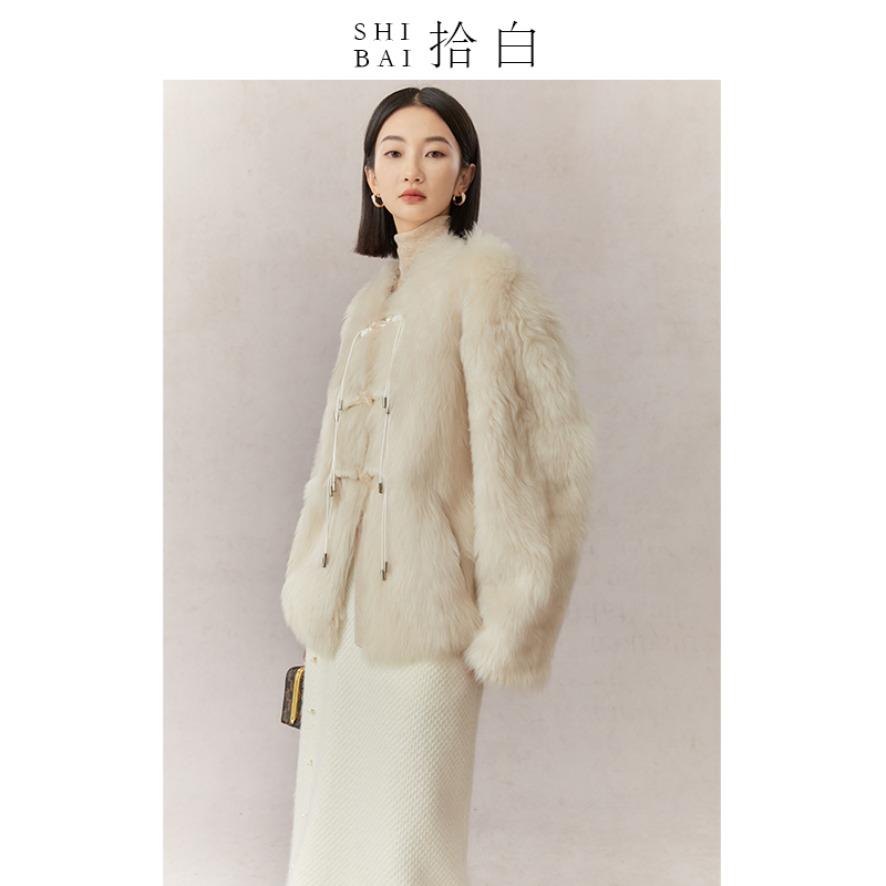 SHIBAI拾白 进口托斯卡纳皮毛一体大衣 新中式羊羔毛皮草外套女 - 图1