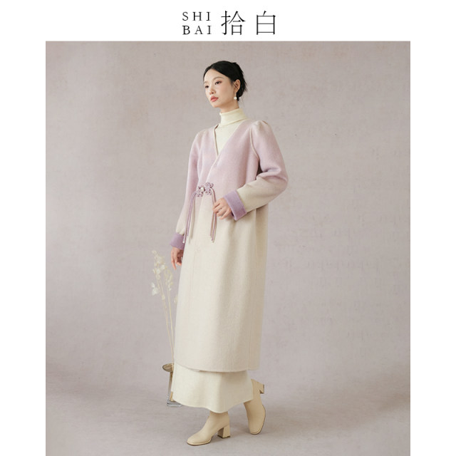 SHIBAI拾白文艺复古气质秋冬新中式渐变紫双面羊绒毛呢大衣女外套