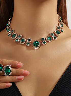 跨境货源热销欧美夸张彩色几何满钻水晶项链耳环套装晚宴礼服配饰