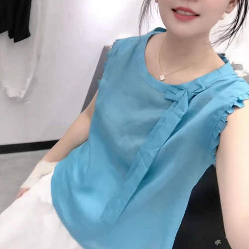 25713新大爱美依缘2026夏季花边袖领口蝴蝶结绑带无袖上衣女T恤 - 图0