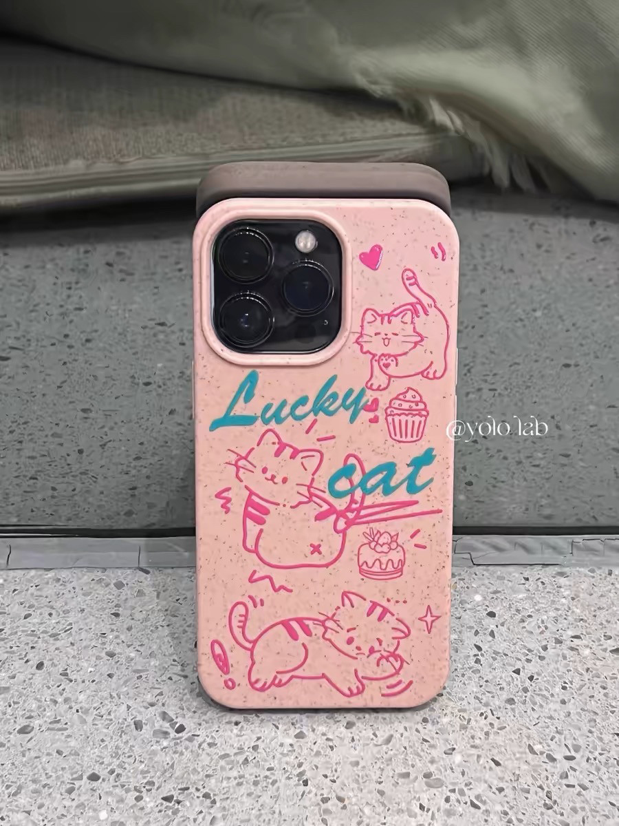 简笔画创意粉色线条小猫适用于苹果15/14手机壳磨砂可降解小麦壳软壳11/12promax高级xs/xr防摔7p搞笑