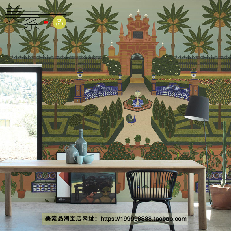 美式花鸟壁纸城堡花园壁画美甲酒店会所客厅壁画沙发背景墙墙布