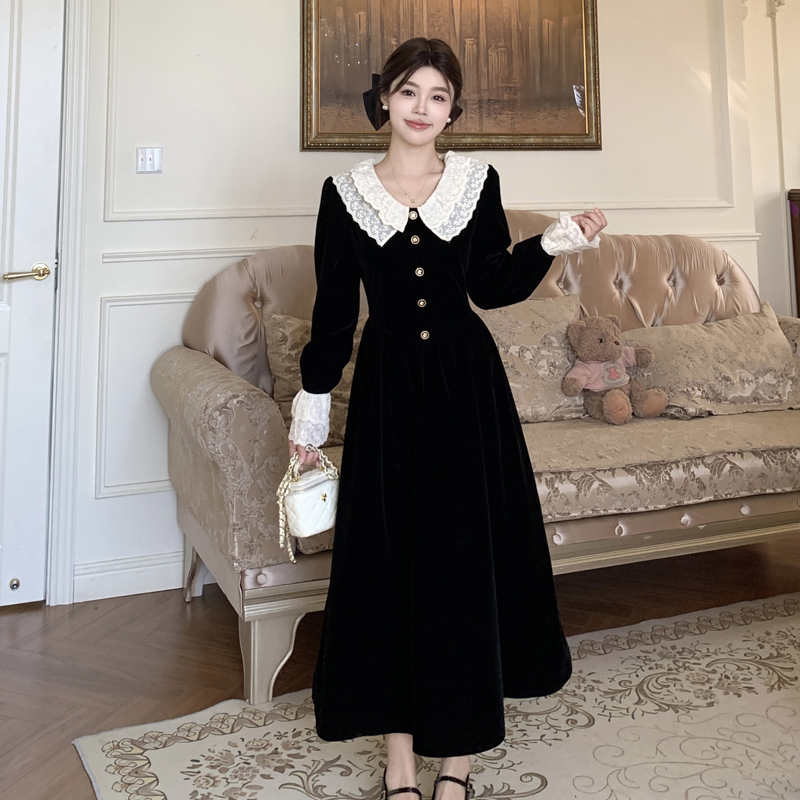 MM谢谢家胖妹妹妹系富家千金风黑色丝绒蕾丝花边领显瘦长连衣裙女 - 图3