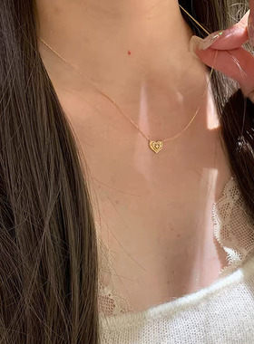 S925纯银镀18K金镭射爱心项链女日系轻奢高级感超闪心形锁骨链