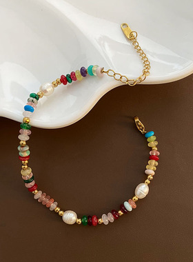 多巴胺天然彩石珍珠项链女式2026年新款爆款串珠手链轻奢小众手饰