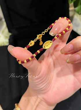 HONEY FOCUS碎银子红绳手链 中式红色简约手绳手链 925银布艺手链