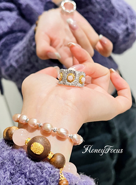 HONEY FOCUS雏菊戒指 蓝色手工复古镶嵌布布风戒指925银合成锆石