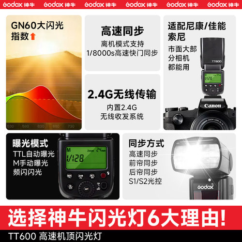 Godox神牛tt600tt600s机顶闪光灯单反相机佳能尼康宾得富士索尼热靴外接高速同步摄影闪光灯小型迷你补光灯 - 图0