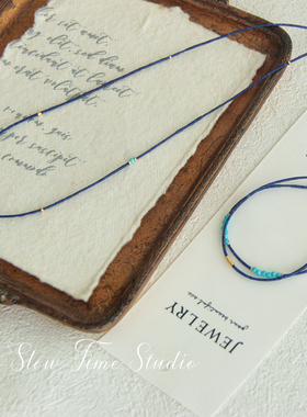 天然青金石蓝瓷松项链女款复古美国14k包金小众设计感细款锁骨链