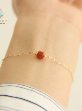 天然南红玛瑙手链满红满肉方块裸珠14k包金材质调节珠超强保色