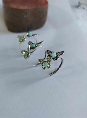 女生银轻奢高级感蝴蝶戒指绿松石