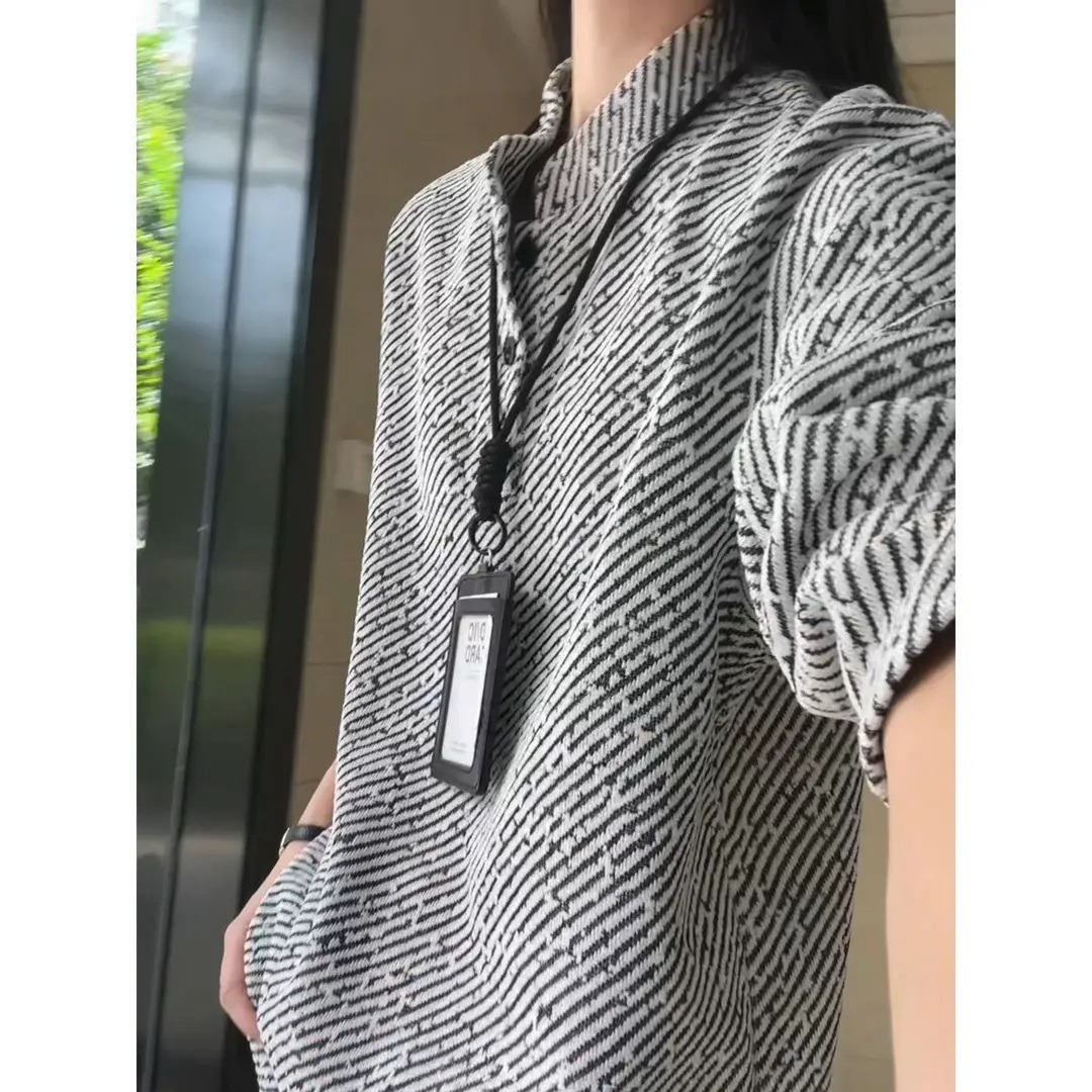 黑白斜条纹亨利领加绒长袖t恤男秋冬小香风polo领卫衣内搭打底衫 - 图1