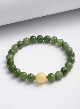 天然无优化俄罗斯七号矿碧玉菠菜绿圆珠手串原创搭配奶白蜜蜡