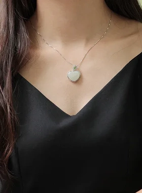 宫廷带证书镶挂件碧玉珠吊坠项坠925纯银白玉古风心形和田玉国潮