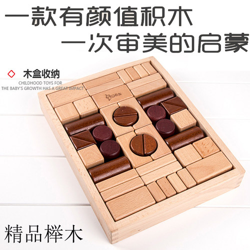 进口榉木制46粒经典创意儿童早教拼装益智实木婴幼儿积木木头玩具 - 图2
