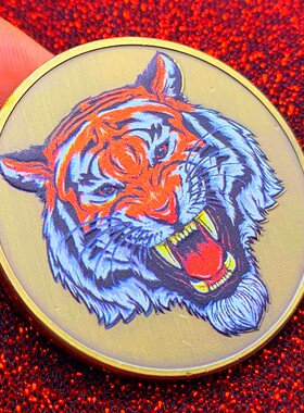 雄狮纪念币 狮族首领狮王青古铜彩绘铜币 禧禄寿财生肖虎如意福币