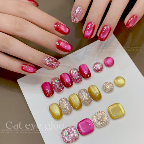 美甲迷醉今小娇红猫眼亮片玻璃珠子网红新款爆闪组合碎钻指甲油胶 - 图1