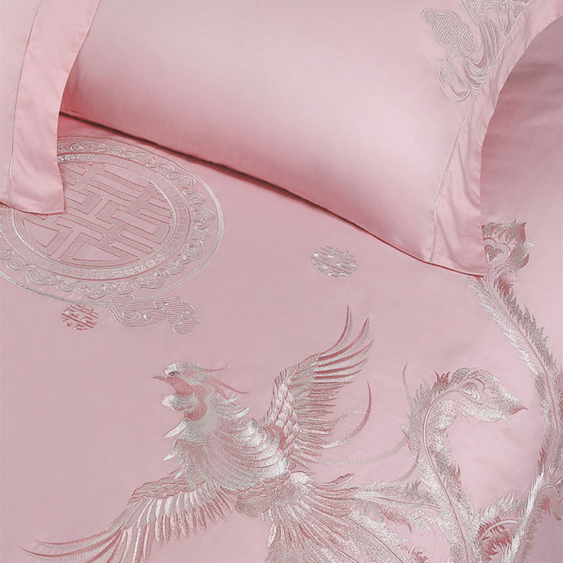 水星家纺60S长绒棉贡缎婚庆四件套结婚床上用品粉色刺绣纯棉套件,淘宝优惠券,粉丝福利购,淘宝优惠卷