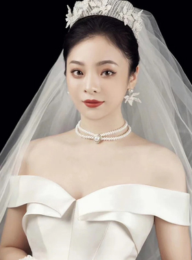 韩式新娘项链二件套饰品水钻新娘结婚耳环婚纱配饰结婚套链珍珠